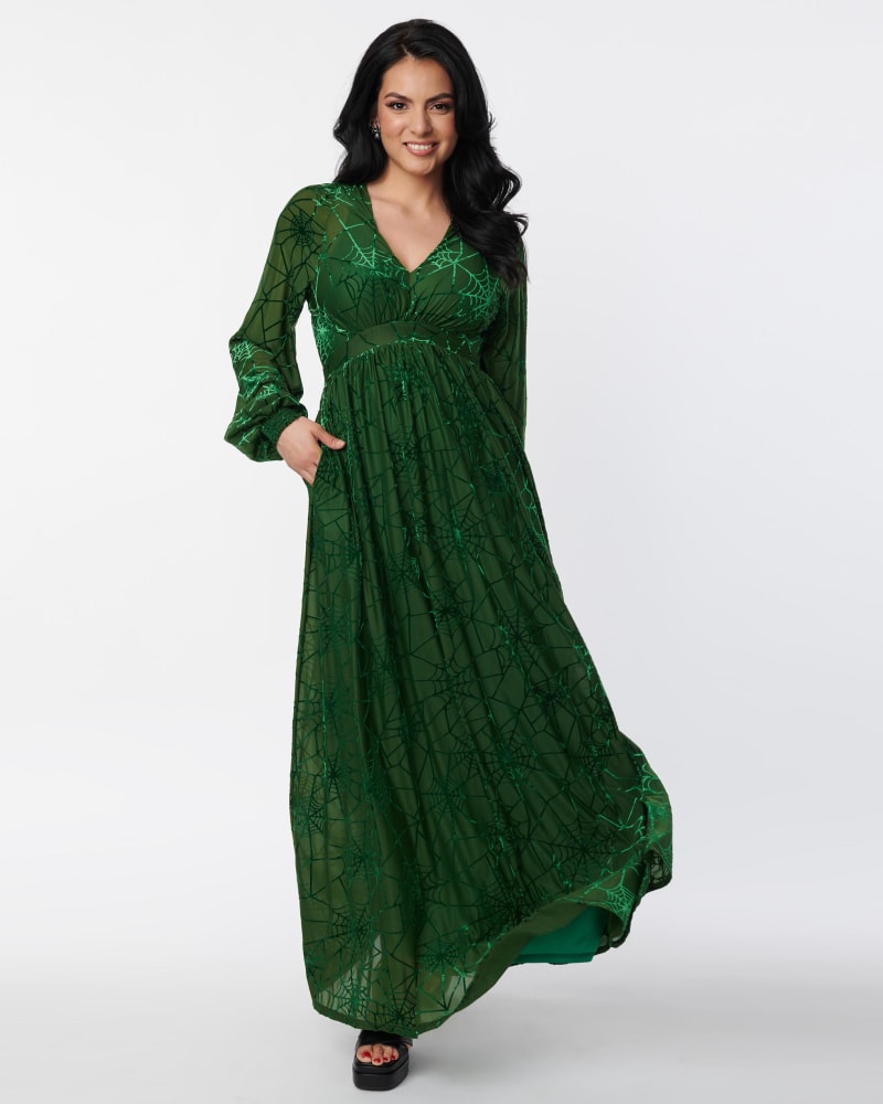 Unique Vintage Green Spider Web Maxi Dress Green